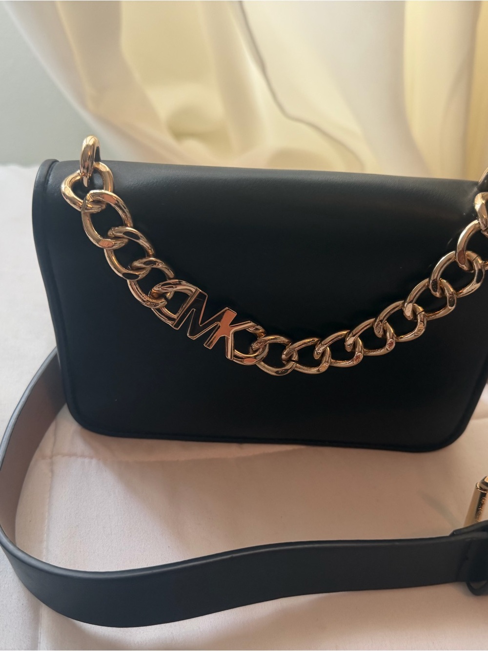 Black Leather belt Bag with Gold Chain Accent